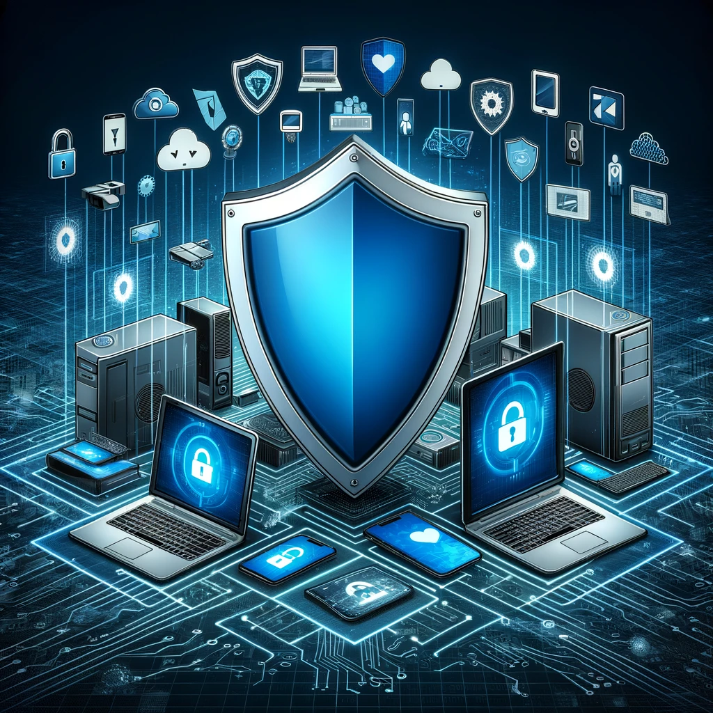 DALL·E 2024 02 19 12.22.15 An illustration of Endpoint Detection and Response EDR technology visualizing a shield protecting a variety of devices such as laptops desktops a