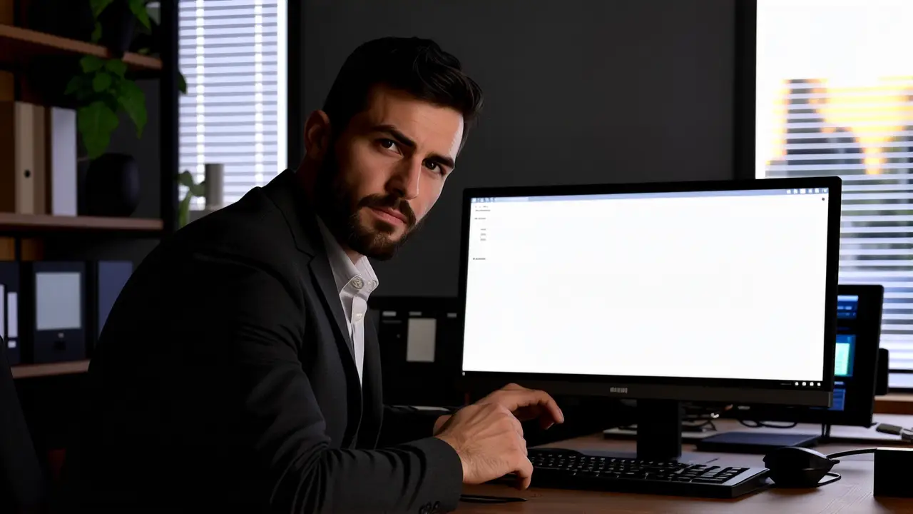 Un hombre serio observa una pantalla en la penumbra