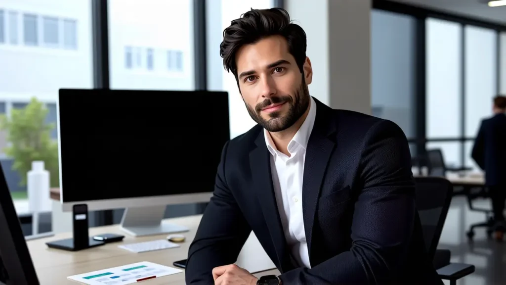 Un hombre serio trabaja en oficina moderna