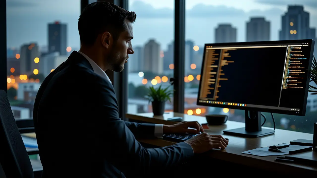 Un hombre serio teclea en la oscuridad