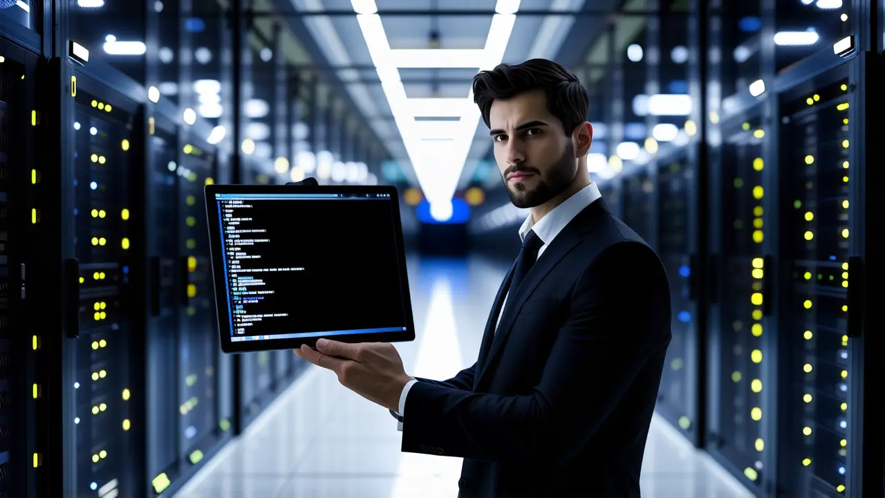 Un hombre serio trabaja con código nocturno