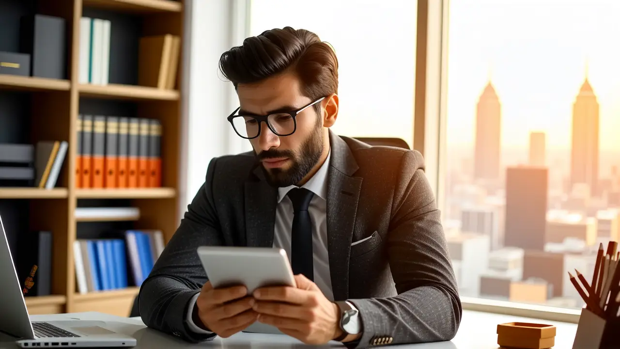 Programa Apagado Windows 10: Encendido Automático PC 2 Un hombre serio examina una tablet en oficina moderna