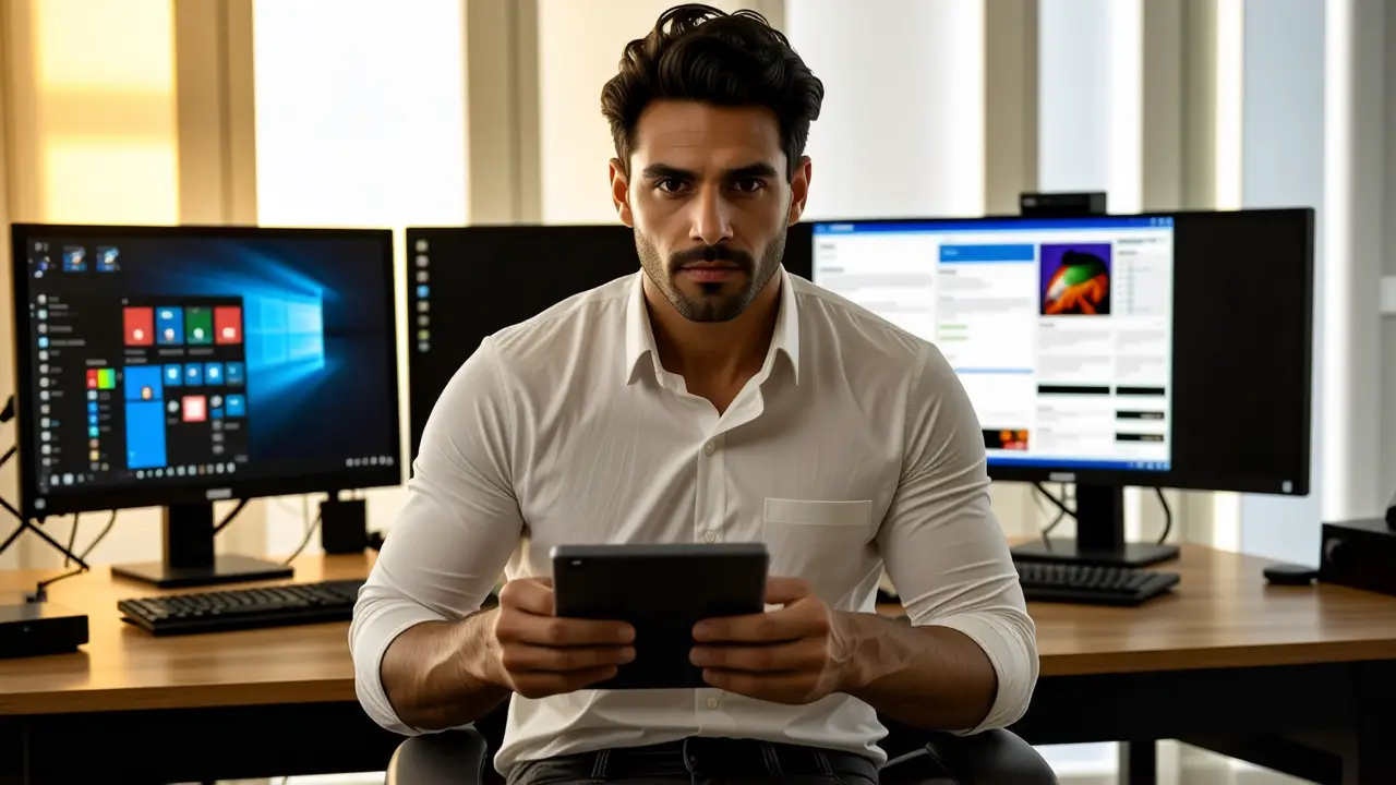 Programa Apagado Windows 10: Encendido Automático PC 1 Hombre pensativo con tablet en oficina moderna