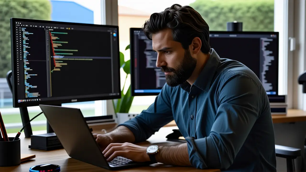 Programa Apagado Windows 10: Encendido Automático PC 4 Un hombre pensativo trabaja en un estudio moderno