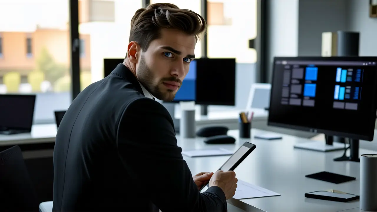 Un hombre joven en traje frente a la tecnología