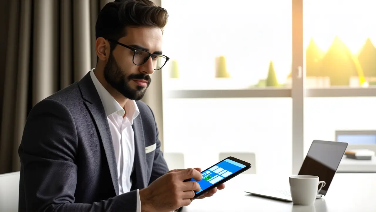 Un hombre pensativo usa una tableta en oficina moderna