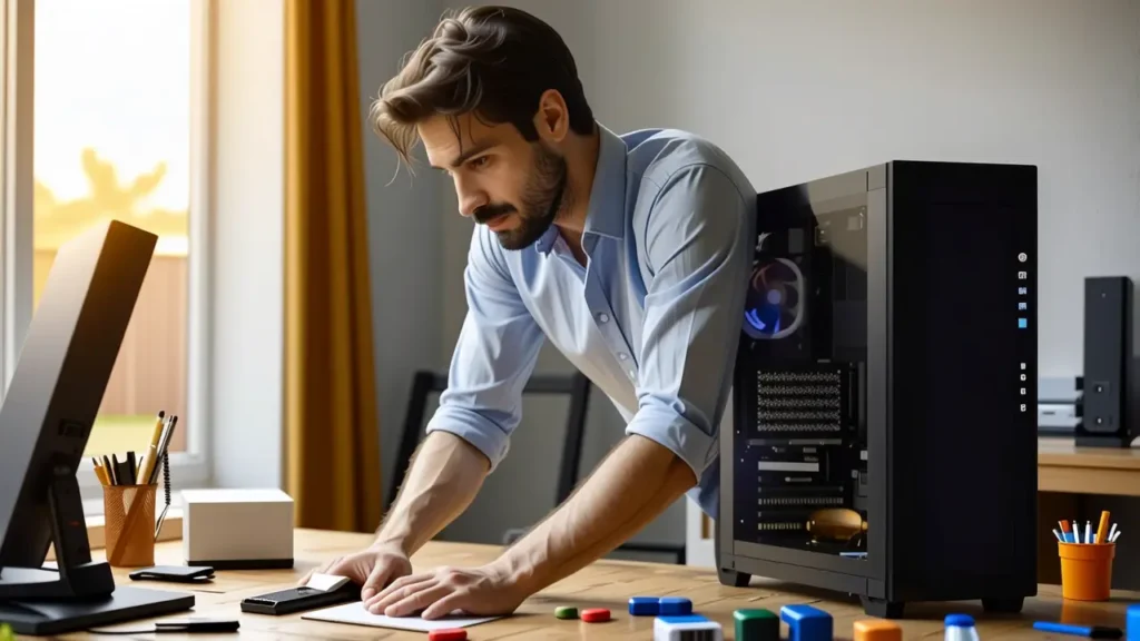 Un hombre limpiando un ordenador en luz cálida