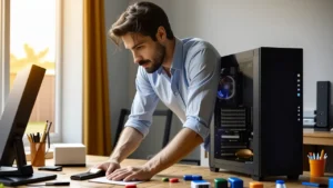 Un hombre limpiando un ordenador en luz cálida