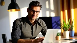 Un hombre joven sonríe frente a su laptop