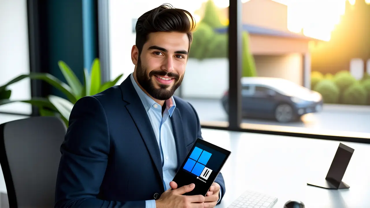 Cambiar Escritorios Windows 10: Guía Rápida 2 Un hombre moderno y seguro usa una tableta en oficina