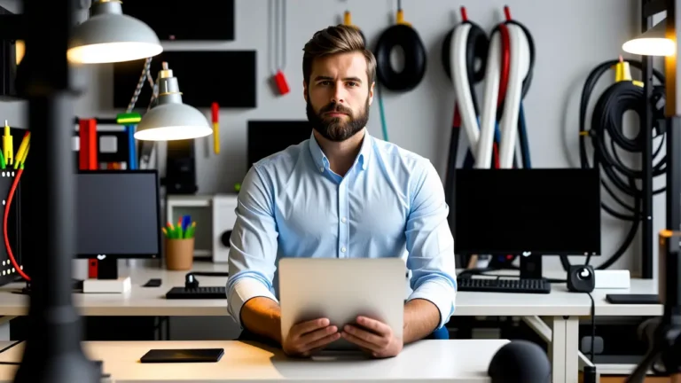 Un hombre moderno trabaja concentrado en su escritorio