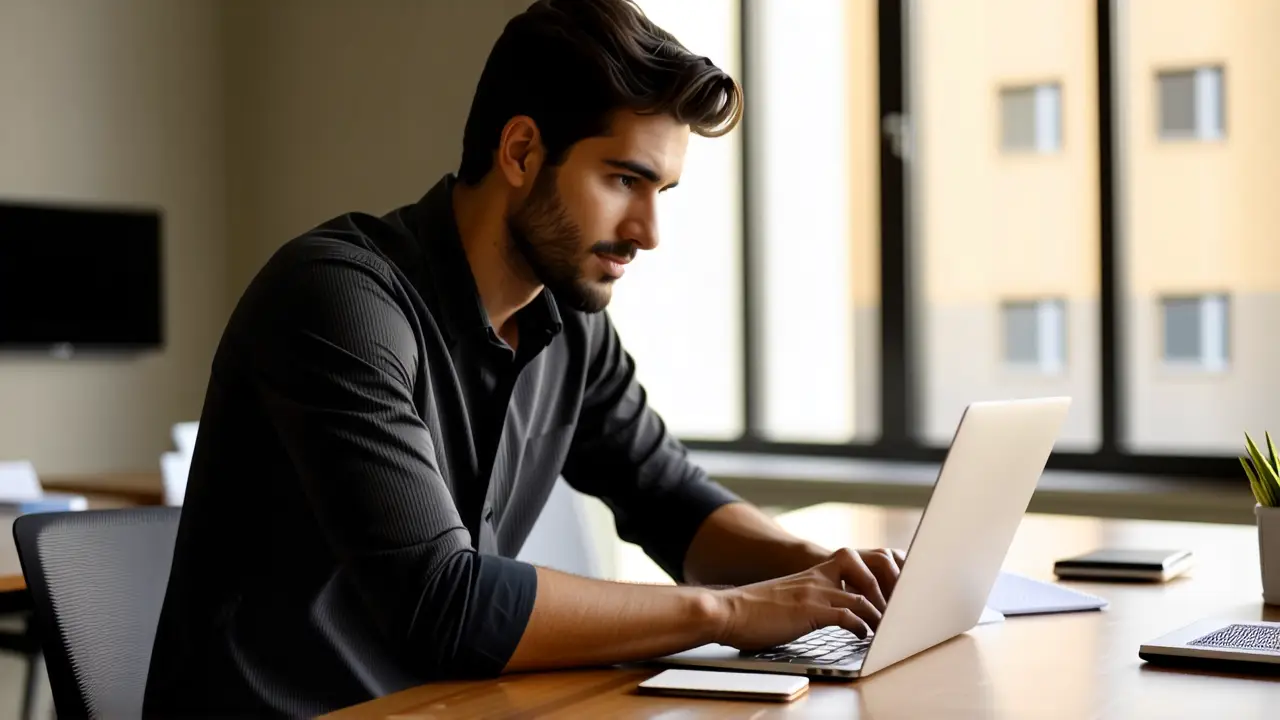 Cambiar Escritorios Windows 10: Guía Rápida 1 Un hombre concentrado trabaja en un espacio moderno