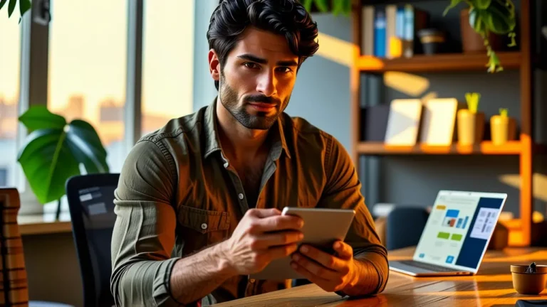 Un hombre pensativo usa una tableta en casa