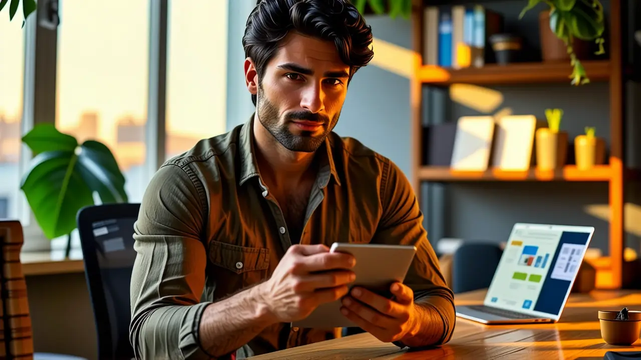 Un hombre pensativo usa una tableta en casa