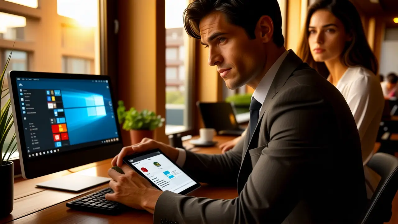 Un hombre elegante trabaja con tecnología en luz cálida