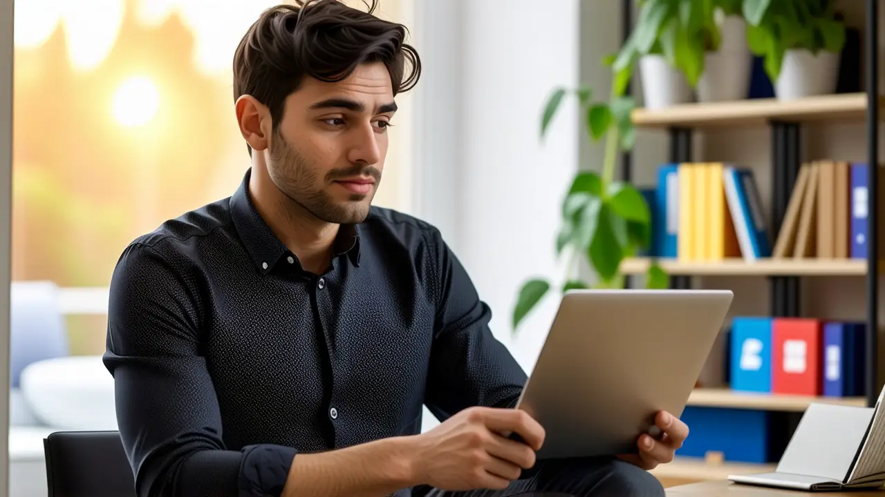Un hombre pensativo observa la pantalla en luz cálida