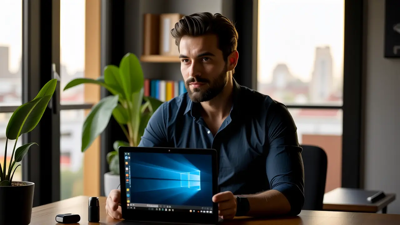 Un hombre pensativo usa un portátil en oficina moderna