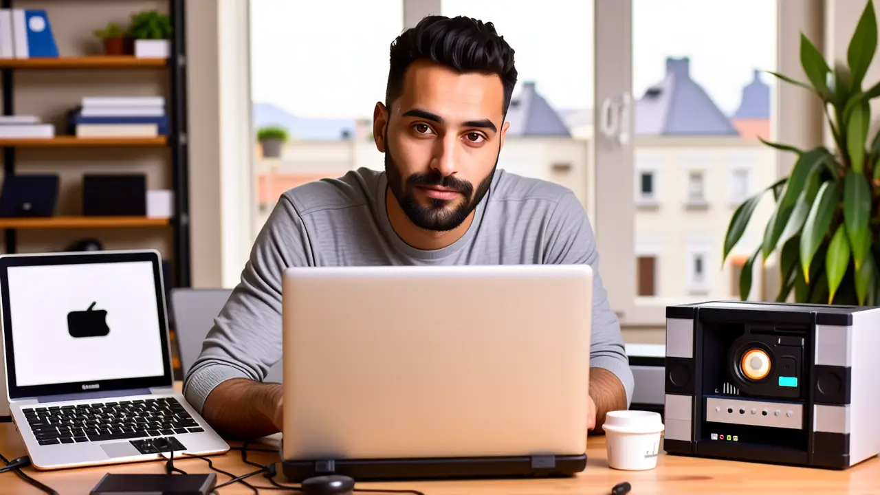 Un hombre pensativo usa un portátil en su oficina