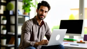 Un hombre pensativo usa una laptop en casa