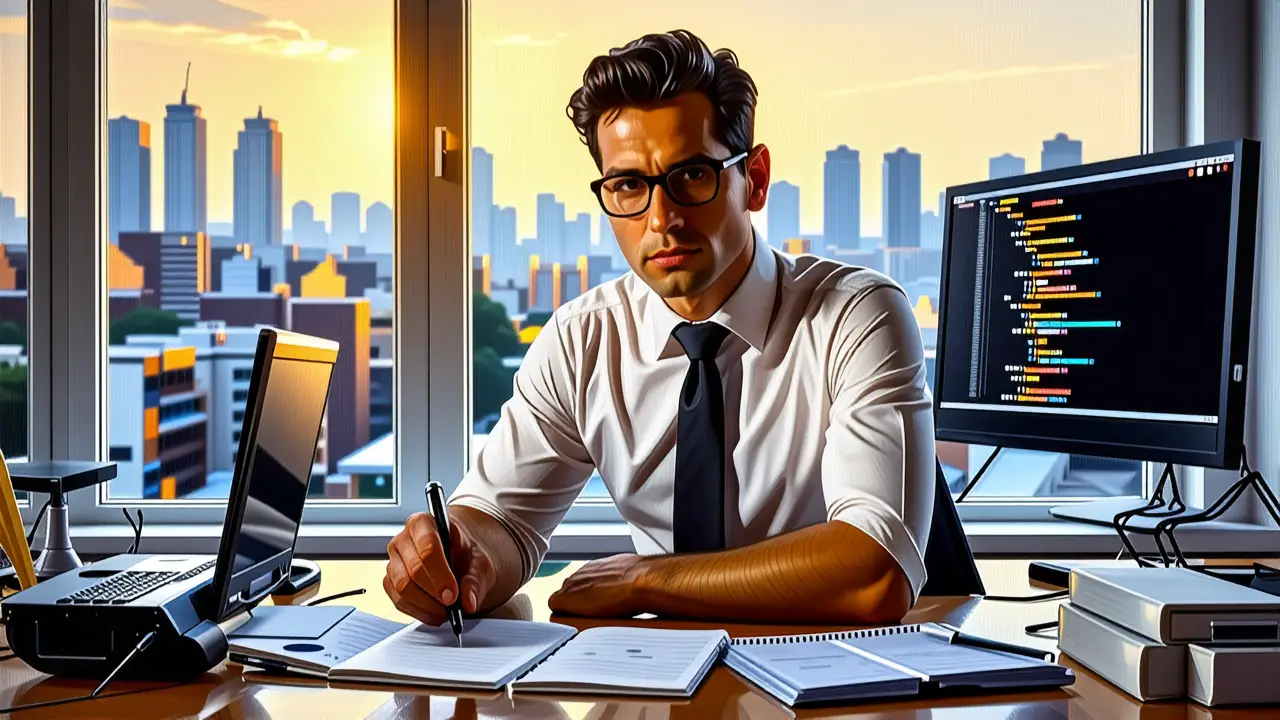 Un hombre serio trabaja en un estudio