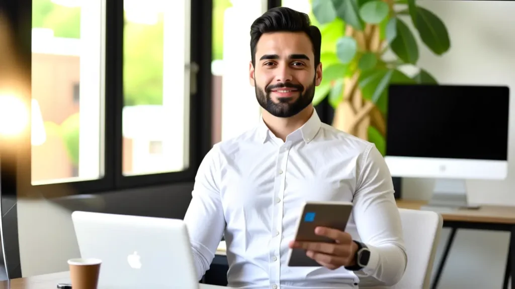 Un hombre moderno trabaja con tablet digital