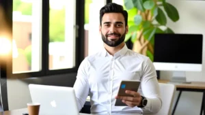 Un hombre moderno trabaja con tablet digital