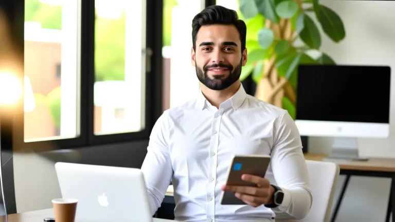 Un hombre moderno trabaja con tablet digital