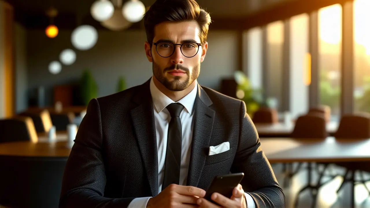 Un hombre serio con traje observa su tableta