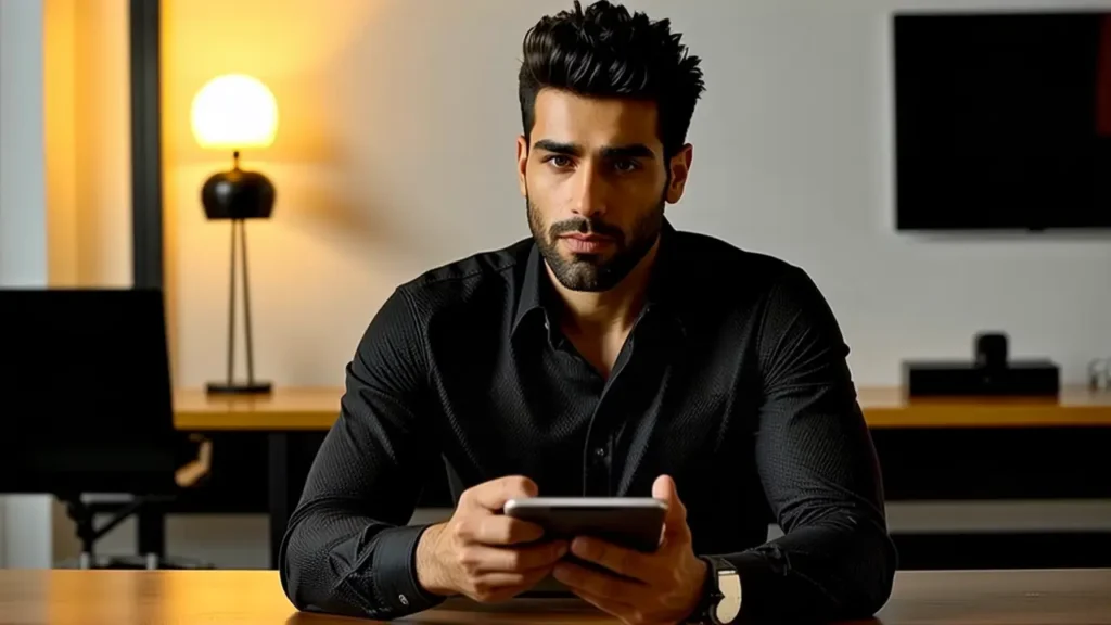 Un hombre moderno contempla su tableta en luz cálida