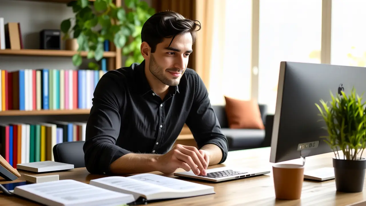 Un hombre pensativo trabaja en su oficina moderna