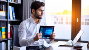 Hombre pensativo con tablet en oficina moderna