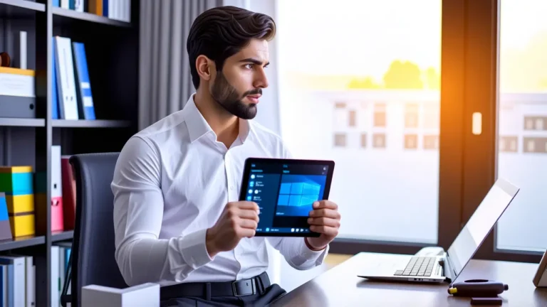 Hombre pensativo con tablet en oficina moderna