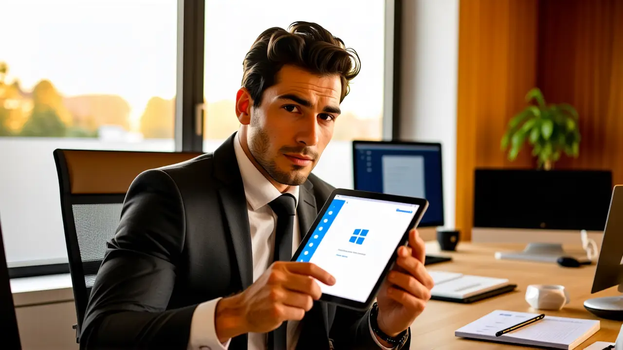 Un hombre pensativo usa tablet en oficina