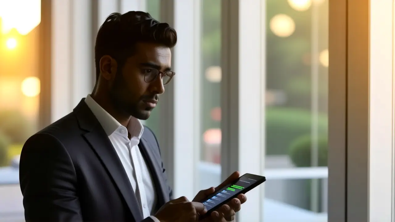 Un hombre serio usa tablet en oficina moderna