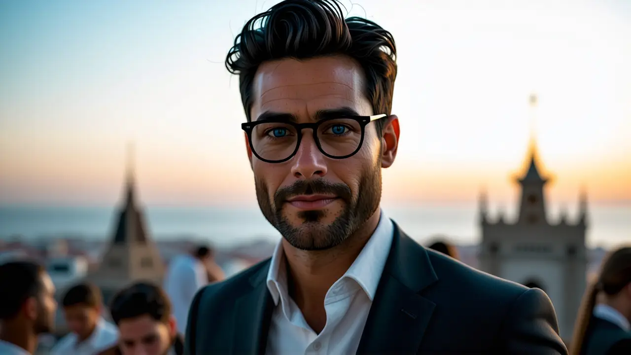 Un hombre elegante en Barcelona al atardecer