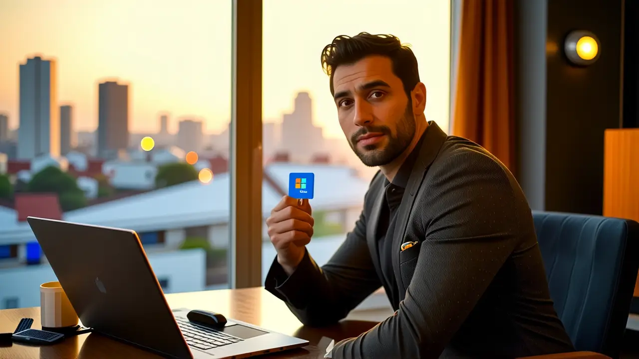 Comprar Licencias Windows Baratas: Guía Completa 1 Un hombre elegante sostiene una clave digital
