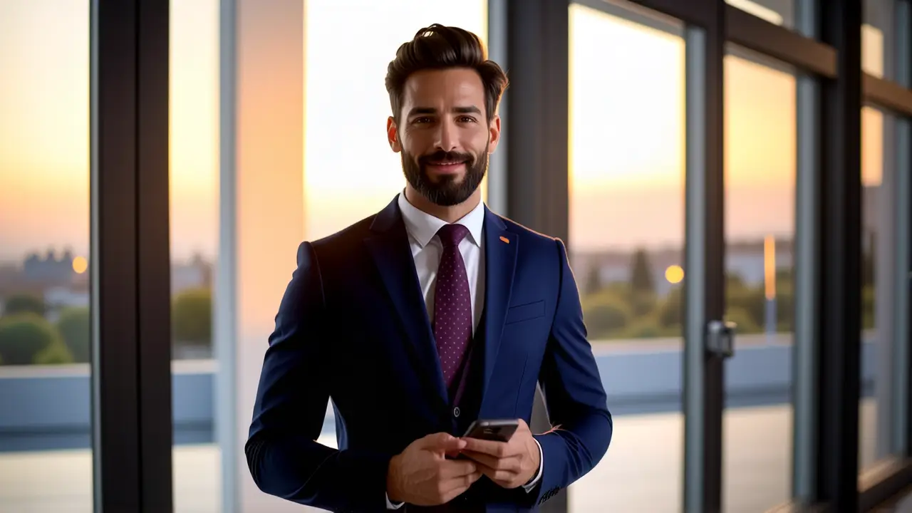 Conexión Windows Android: Guía Completa y Fácil 2 Un hombre elegante en traje transmite confianza con su smartphone