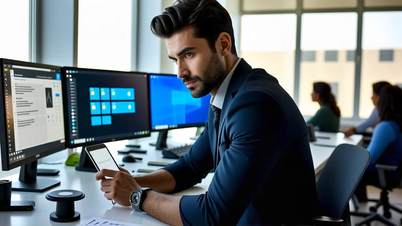 Conexión Windows Android: Guía Completa y Fácil 3 Un hombre moderno ajusta tablet en oficina