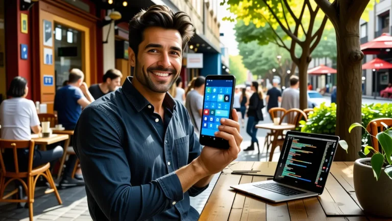 Un hombre sonriente muestra su teléfono en Barcelona