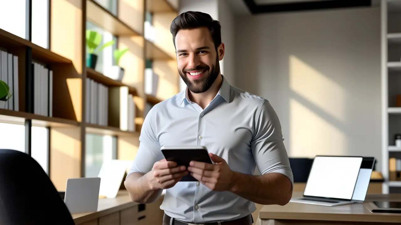 Conexión Windows Android: Guía Completa y Fácil 1 Un hombre moderno sonríe con tablet en estudio