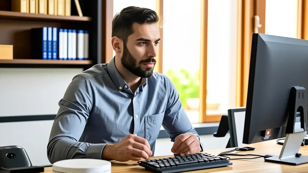 Un hombre moderno usa tablet en ambiente cálido