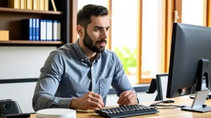 Un hombre moderno usa tablet en ambiente cálido