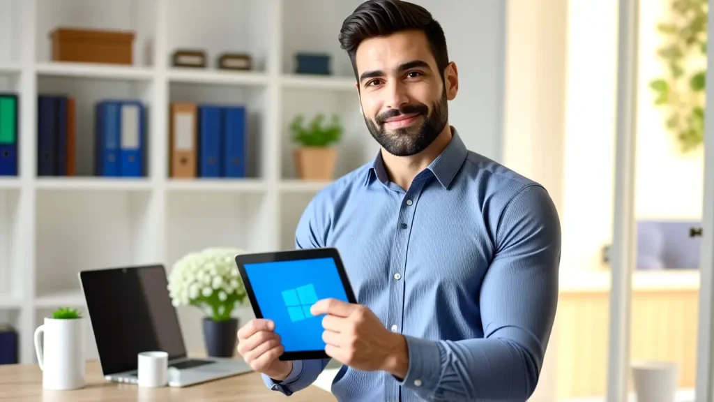 Un hombre moderno sonríe frente a una pantalla