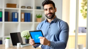 Un hombre moderno sonríe frente a una pantalla