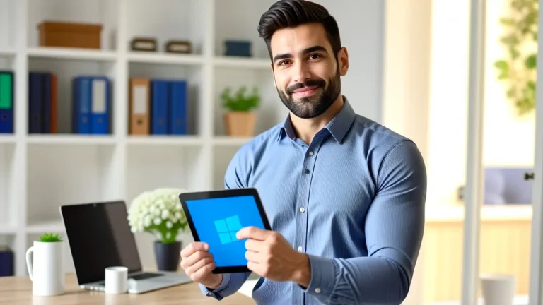 Un hombre moderno sonríe frente a una pantalla