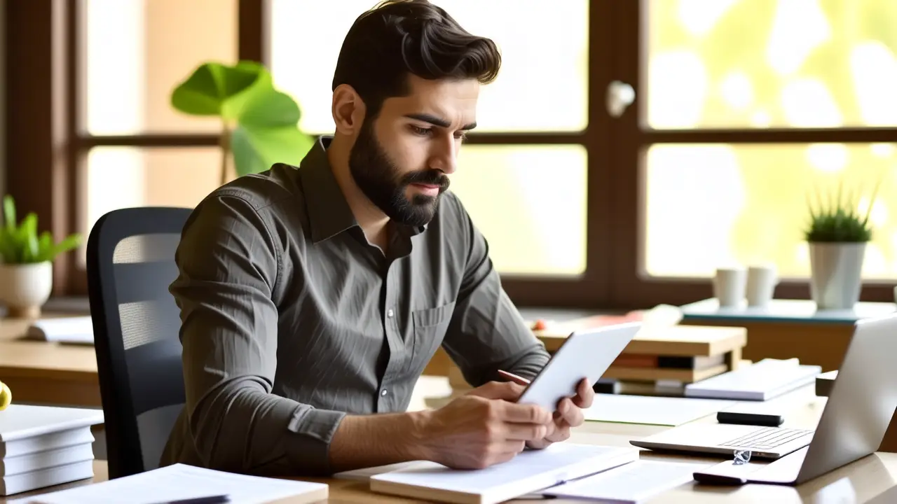 Un hombre pensativo trabaja con tecnología en oficina