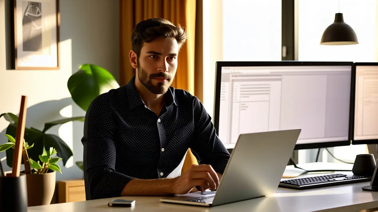 Un hombre moderno trabaja en un estudio cálido