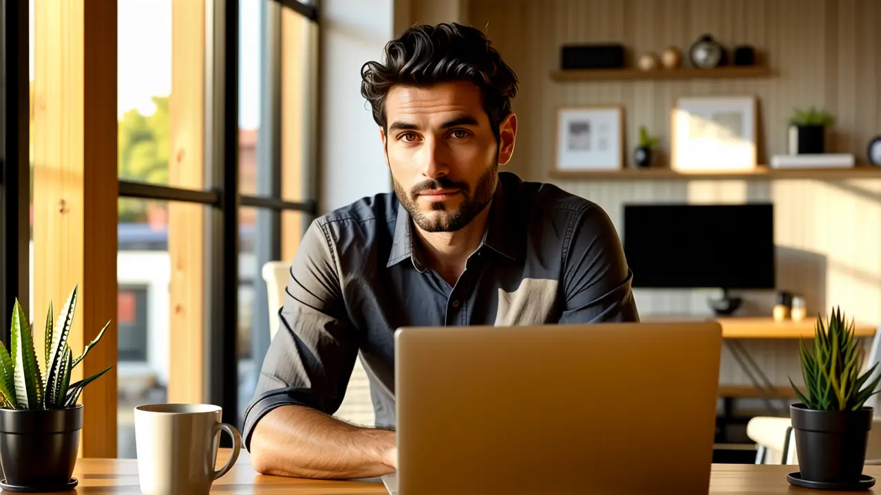 Hombre concentrado trabaja con laptop en casa
