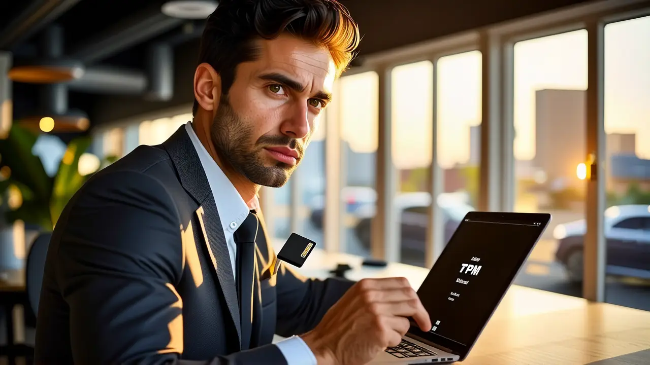 Un hombre pensativo usa tecnología en oficina