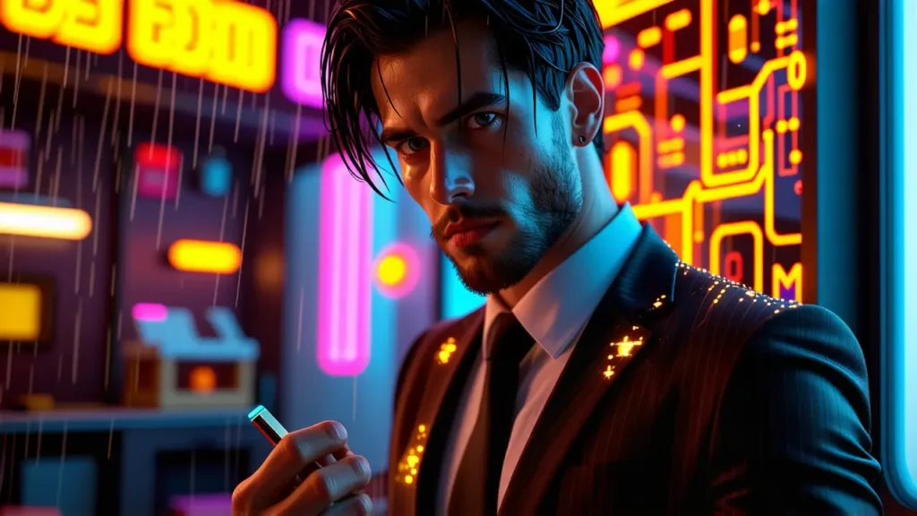 Hombre cyberpunk moderno con USB seguro